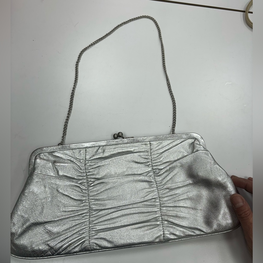 Hobo Silver Leather Clutch Bag with Chain